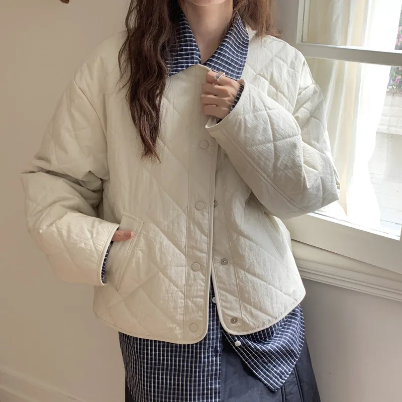 

Women's Cotton Jaet ort Quilted round Ne Autumn Winter Warmth Commute Sle Diamond Patterned Korean Chic Top