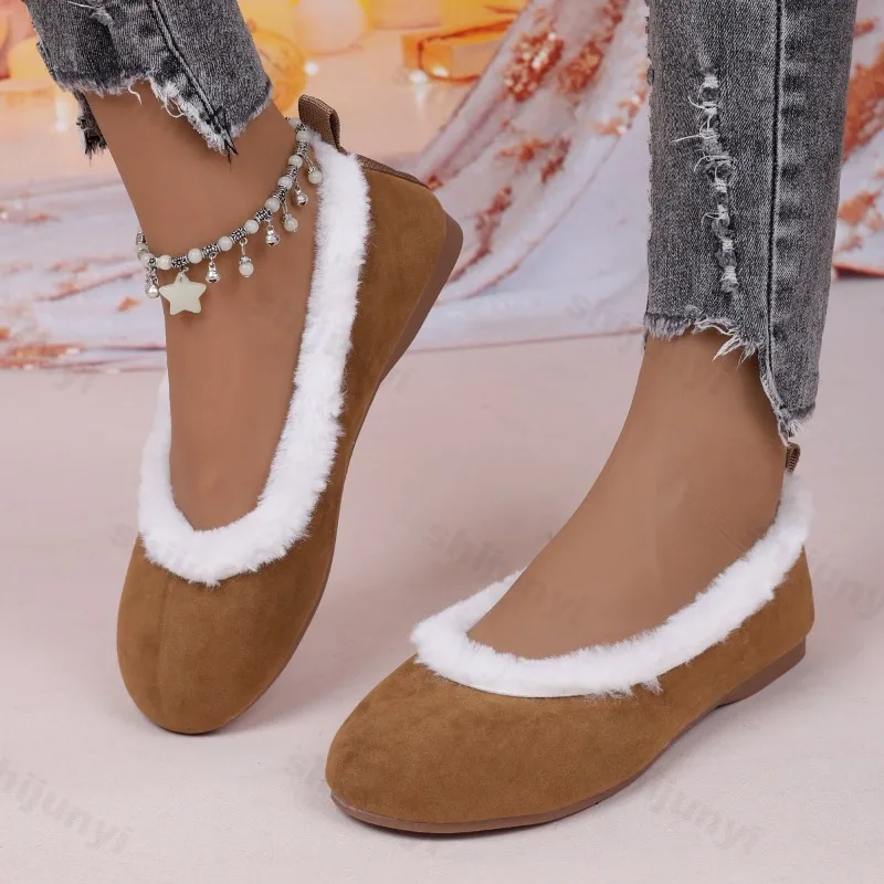 

Retro Solid Warm Hairy Shallow Mouth Casual Cotton Shoes for Women 2025 Winter Fashion Versatile Plush Comfortable Single Shoes