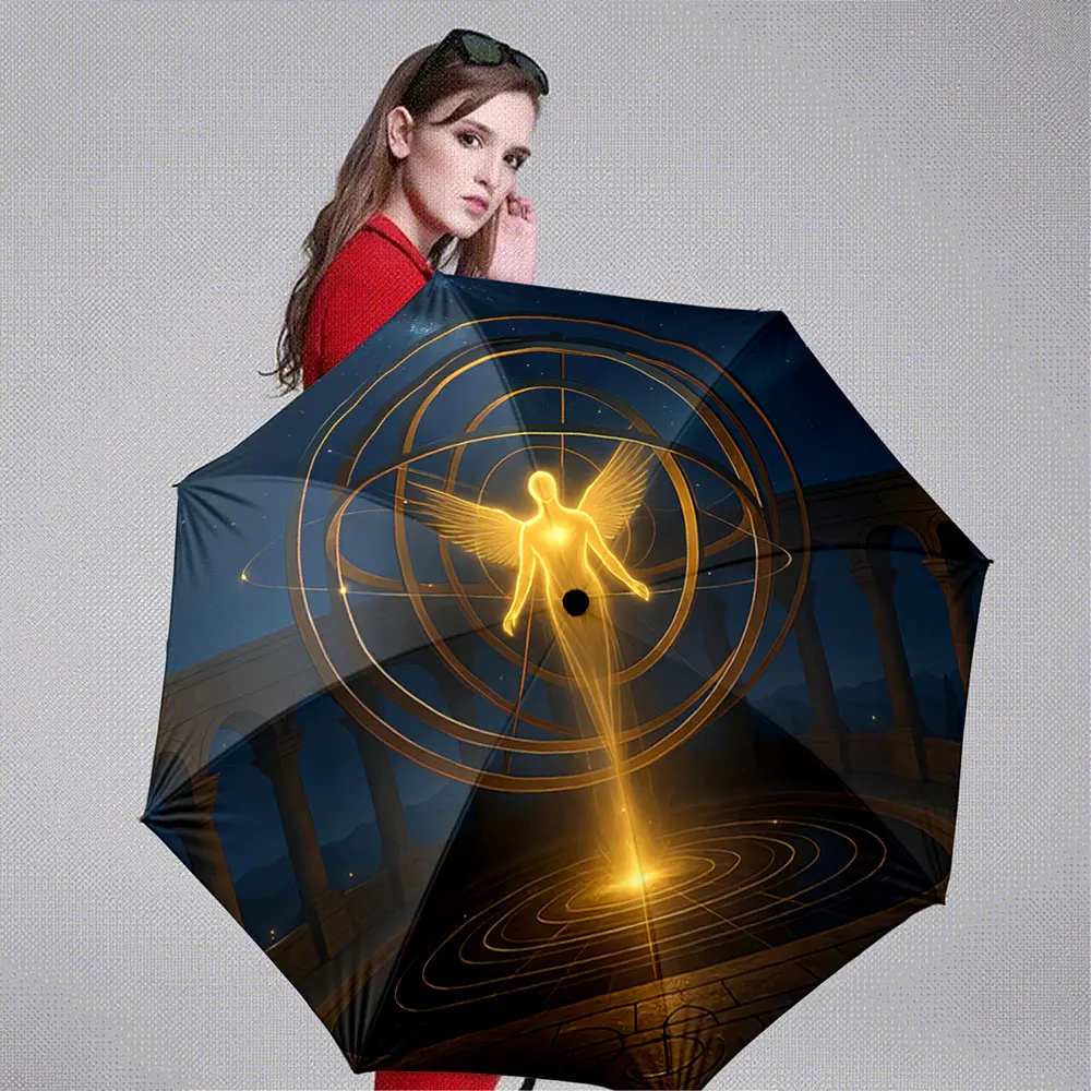 Golden Angel With Wings in Mystical Cosmic Rings portable waterproof sun rain umbrella for outdoor travel beach