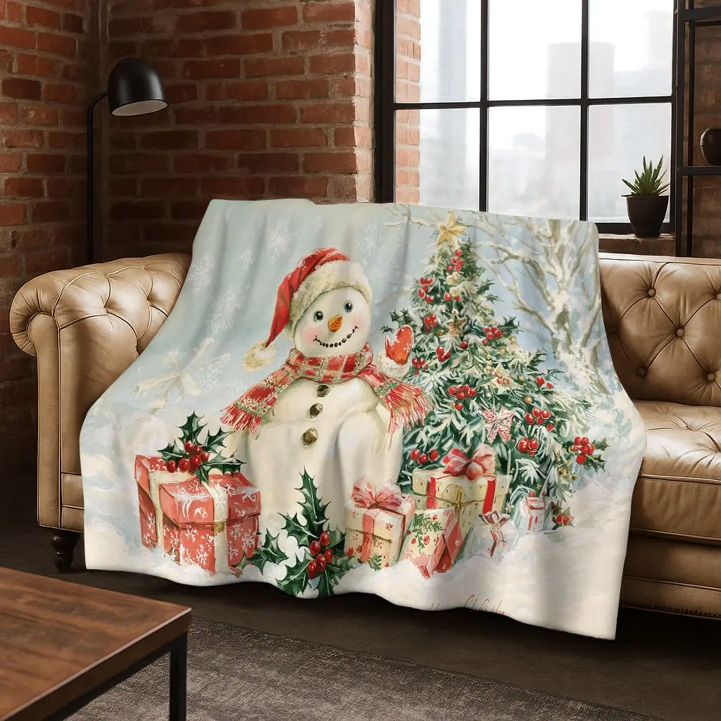 3D Merry Christmas Tree Santa Claus Cartoon Flannel Soft Warm Throw Blanket for Bedroom Living Room Bed Camping Picnic Gift
