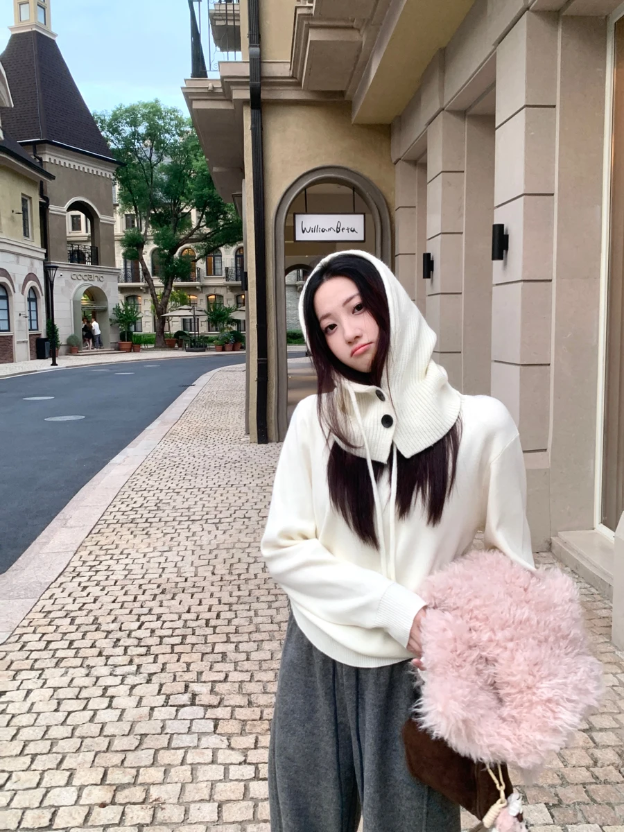 

Женский вязаный свитер с капюшоном, свободный крой, повседневный, из шерстяного материала, со съемным капюшоном, зимняя новинка, модный дизайн