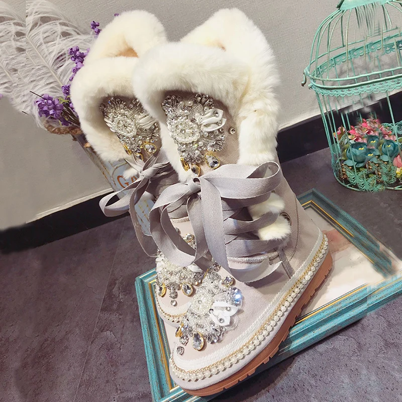 New Handmade Custom Real Fur Warm Snow Boots Pearl Rhinestone Ankle Boots Women Winter Shoes Women Non-Slip Botas de mujer