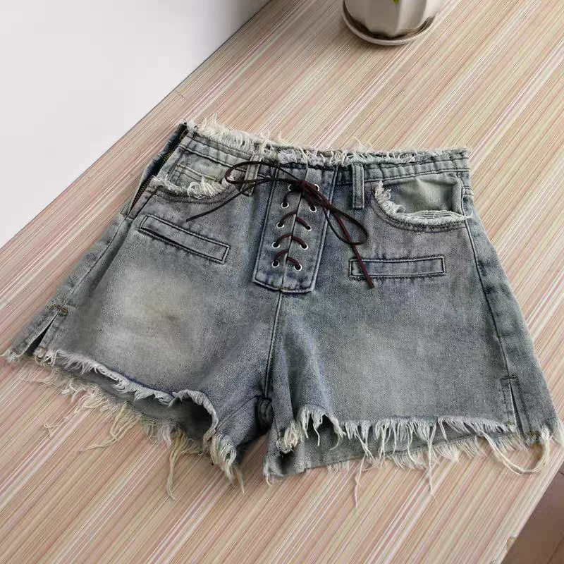 Calções jeans azuis femininos y2k rendas até japonês harajuku alta rua estética cintura alta sexy perna larga cowboy shorts roupas