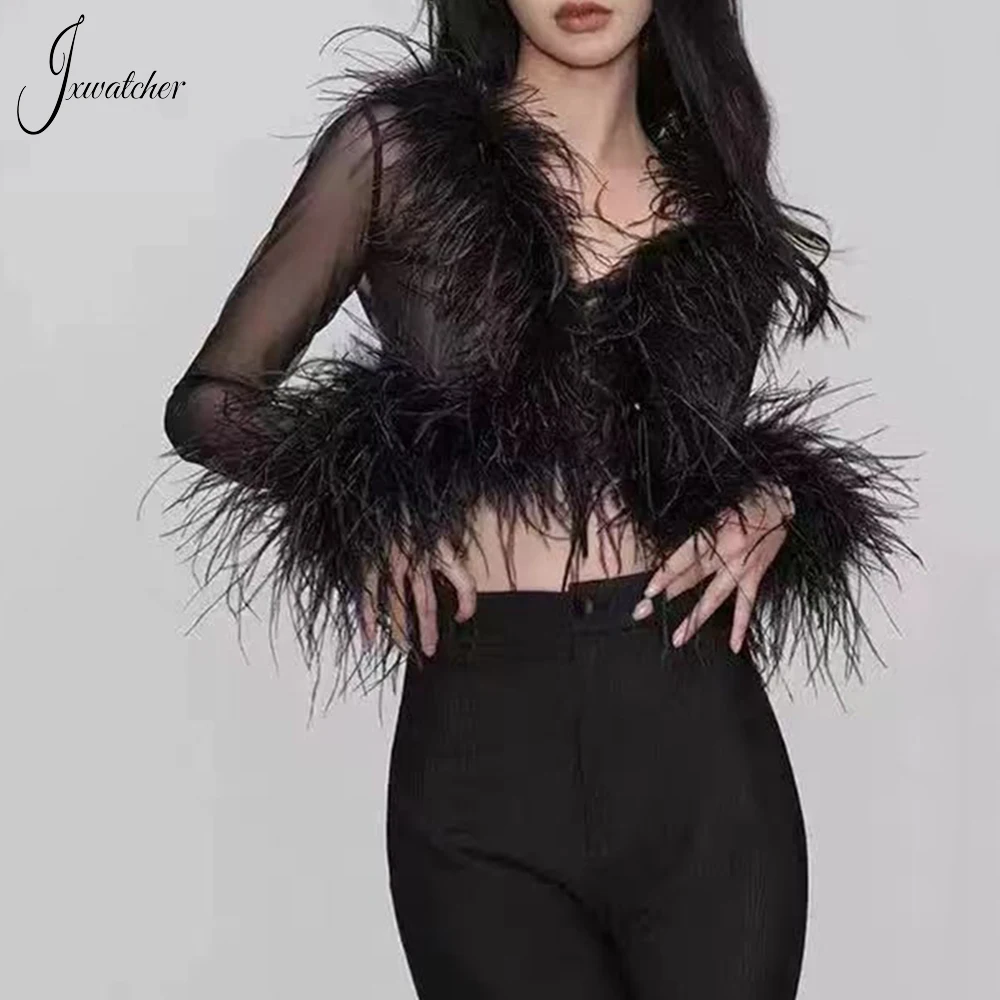 

Jxwatcher Luxury Vintage Sexy Mesh Feather Coat Party Club Birthday Date Night Fashion Stage Blouse Jacket Women Top Shirt