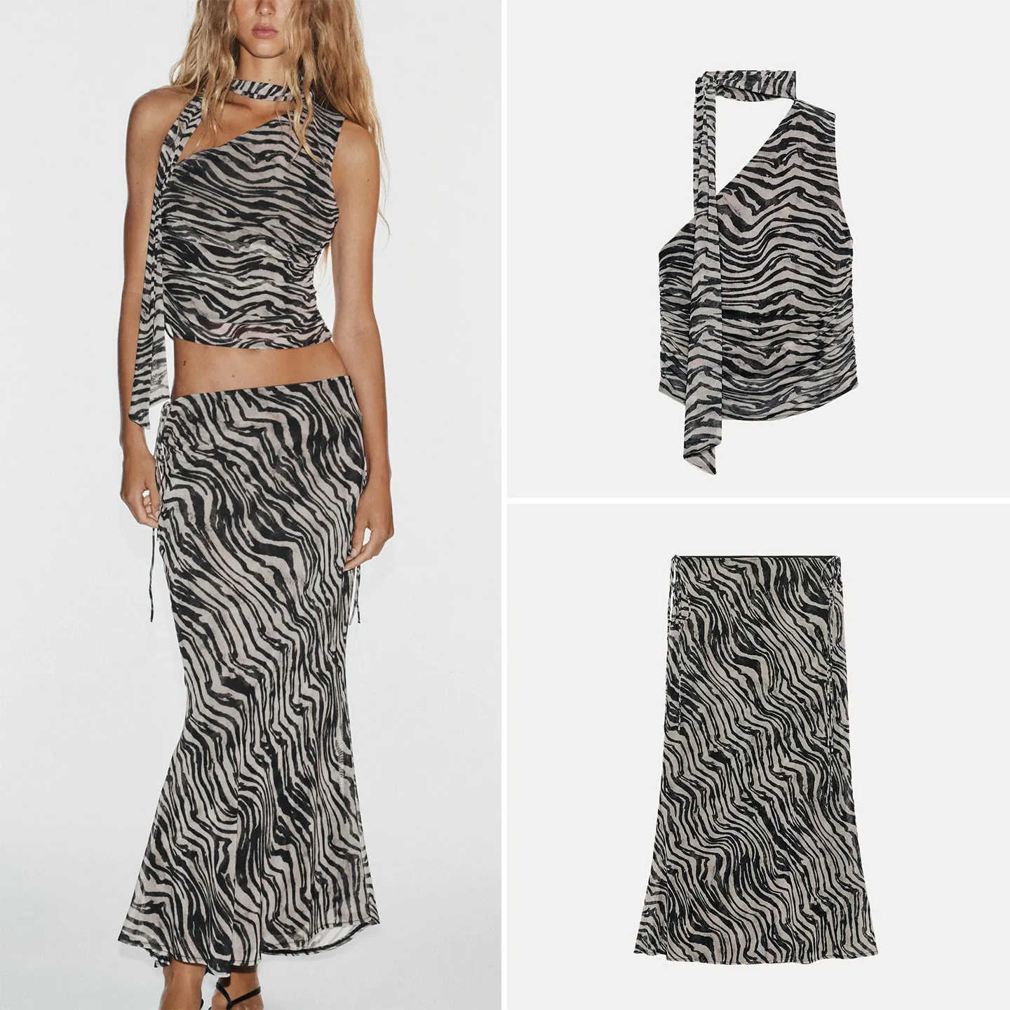 Asymmetric Scarf Detail Sleeveless Top And Skirt Set for Women ZADATA Brand Fashionable Autumn Collection Two-Piece Set