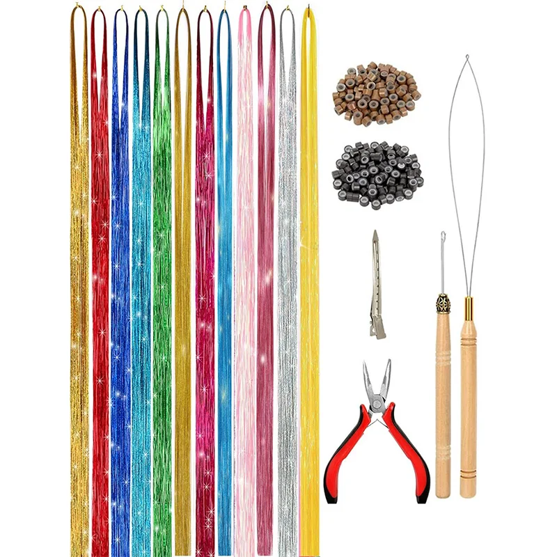 12 Colors Hair Tinsel Kit for Girls Synthetic Tinsel Hair Extension Hair Tinsel Heat Resistant Color Hair Glitter Party Festival