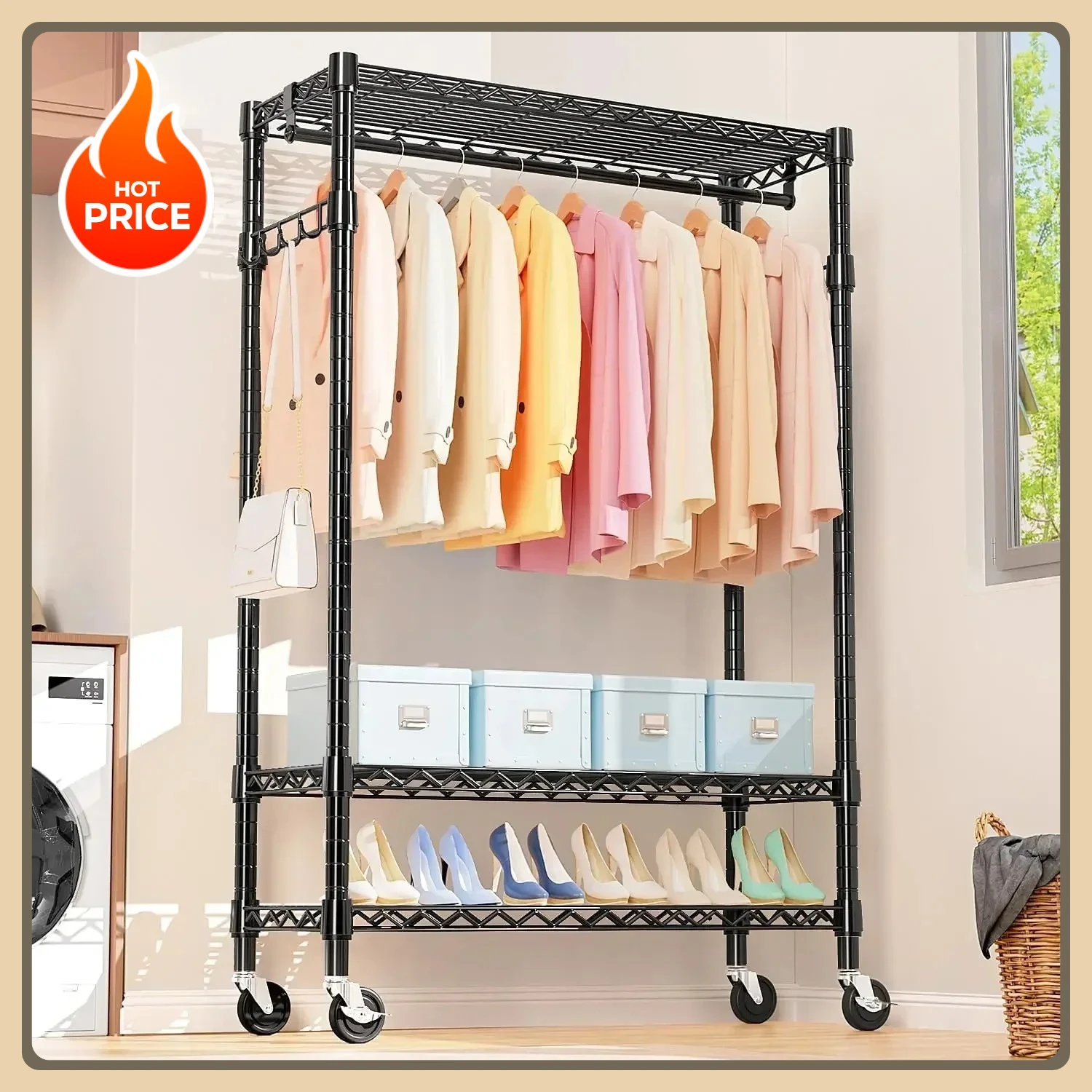 

3 Tiers Heavy with Rods and Side Hooks Duty Rolling Garment Rack Adjustable Wire Shelving Clothes Rack