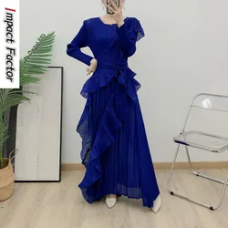 Fashion Ruffles Pleated Dress Women Round Neck Flare Sleeves Solid Maxi Belt Dresses Party 2024 Autumn New