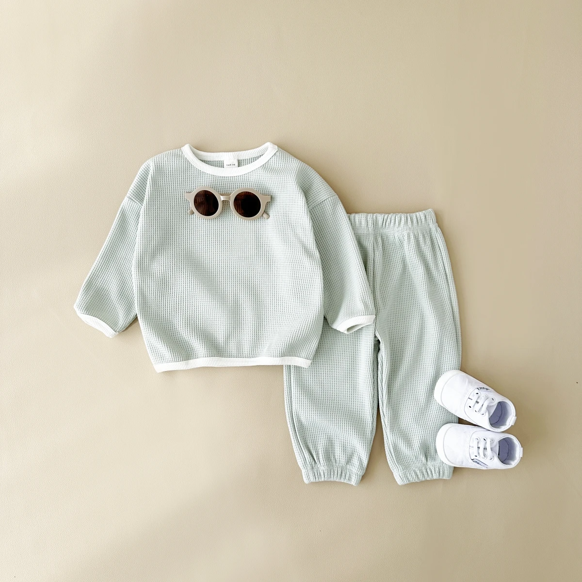 2023 Korean Spring and Autumn Baby Set Cotton Waffle Panel Top Pullover Set Solid Color Loose Elastic Infant/Toddler Sports Set