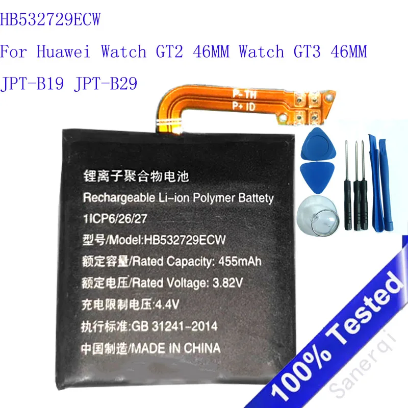 B532729ECW 455mAh Original Battery For Huawei Watch GT2 46MM Watch GT3 46MM JPT-B19 JPT-B29 Bateria + Free Tools