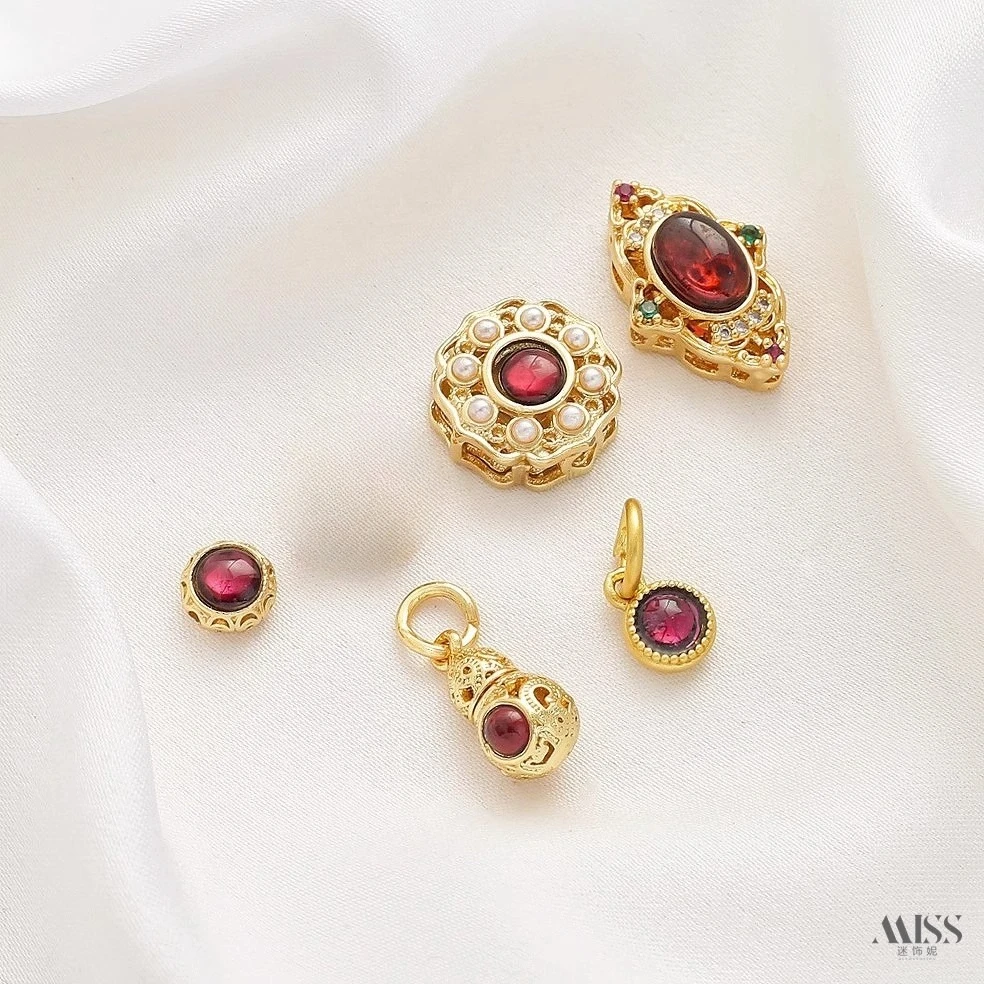 18K Real Gold Plated Copper Inlaid Natural Red Garnet Gourd Spacer Bead Pendant for DIY Jewelry Making
