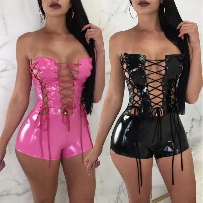 Summer Solid Color Sexy Women's Jumpsuit Sleeveless Strapless Playsuits Slim False Leather Rompers