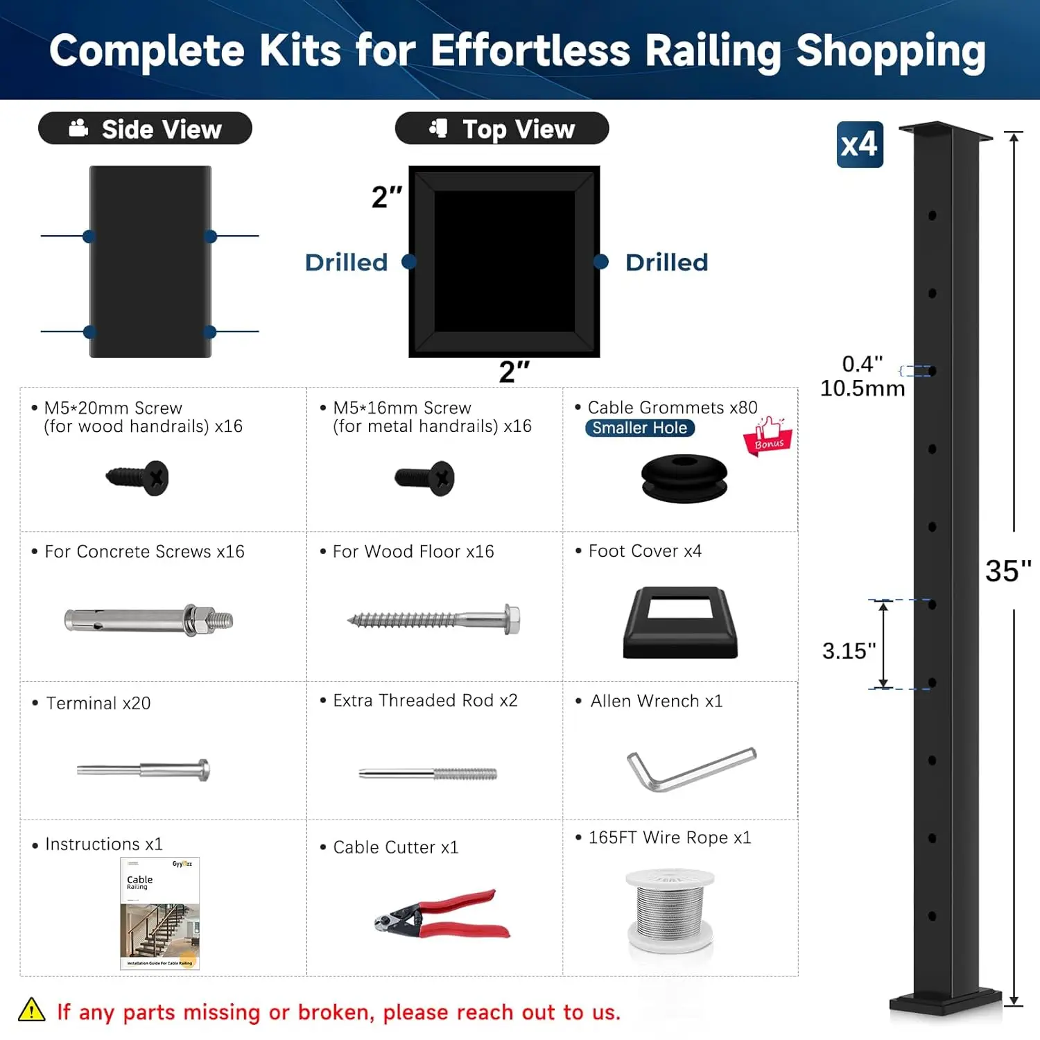 

Комплект односторонних кабельных огорожков 36 дюймов, 4 шт., фиксированные сверлитые линейные стойки верхнего уровня, система кабельных перил, включая 4 перила