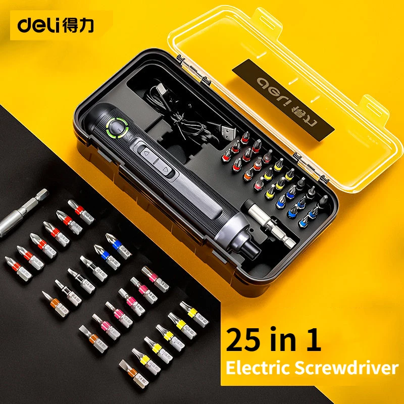 Deli-elétrica Screwdriver Grupo 25 em Parafuso Bits Driver 3.6v Bateria de Lítio Brushless Electric Motor Screwdrivers Ferramentas Elétricas