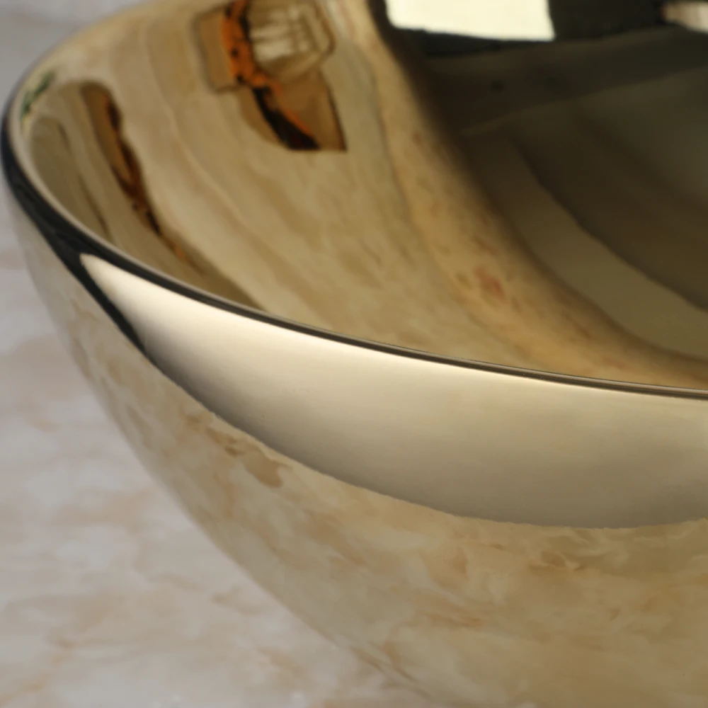 KEMAIDI Bathroom Vessel Sink Luxury Shiny Gold Ceramic Vanity Bowl Round Above Counter Basin for Bar and Cloakroom w/ Faucet Tap view 4