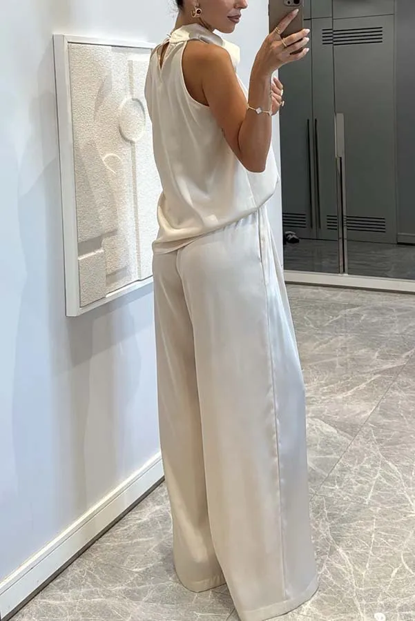Fashion Women's Trouser Suits Sleeveless Satin Top With Straight Pants Sets Spring Summer Commuter 2 Piece Set Women Clothes