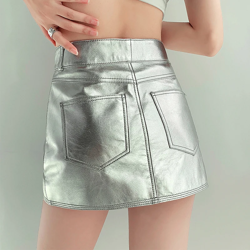 Moda quente mini saia para mulher 2025 high-end metálico prata cor dourada curto saia quente menina couro genuíno y2k rua jupe