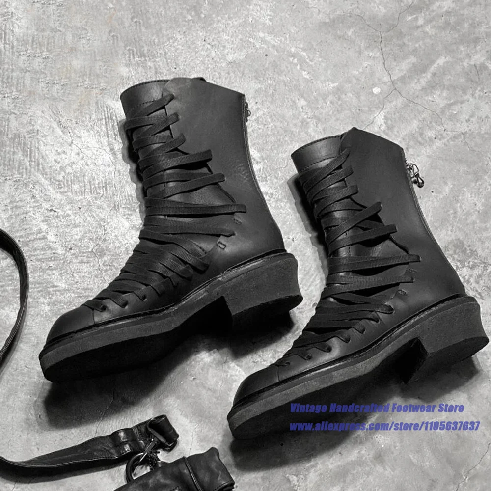 Multi Ribbon Wrapped Leather Mid Calf Boots Men's Cross Strap Chunky Low Heel Gothic Boots Handcrafted Stylish Men's Shoes