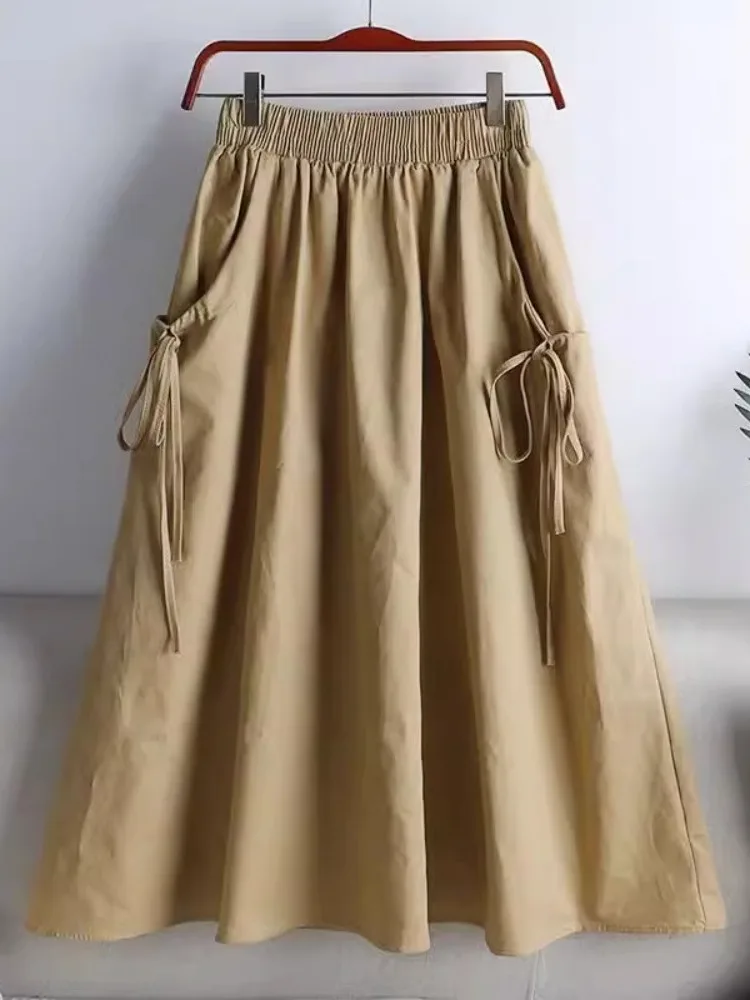 

Summer 2024 Workwear Mid-Length A-Line Skirt with Pocket Versatile High Waist plus Size Women's Elegant Drawstring Skirt