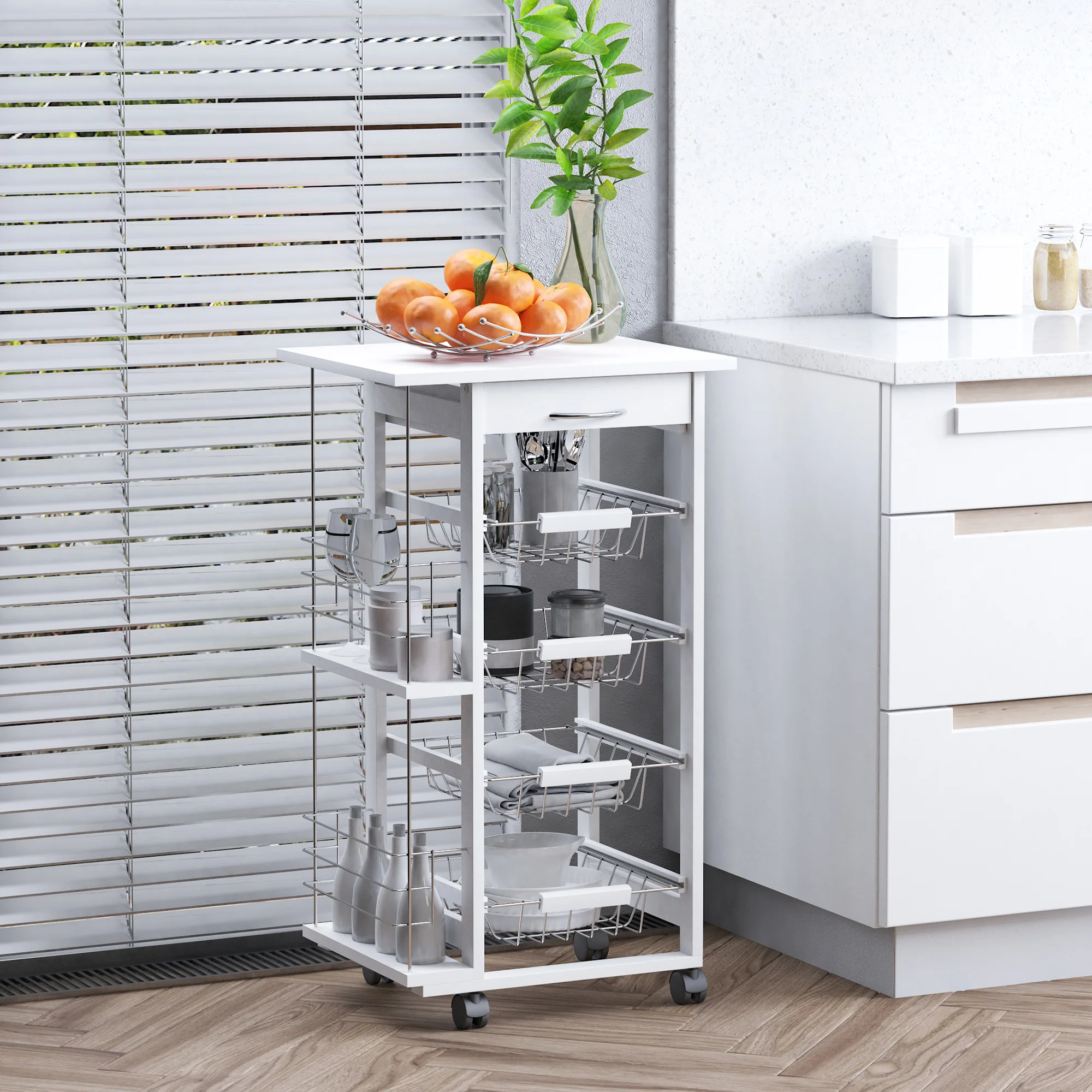 HOMCOM 5 tier kitchen cart with drawer racks baskets wheels