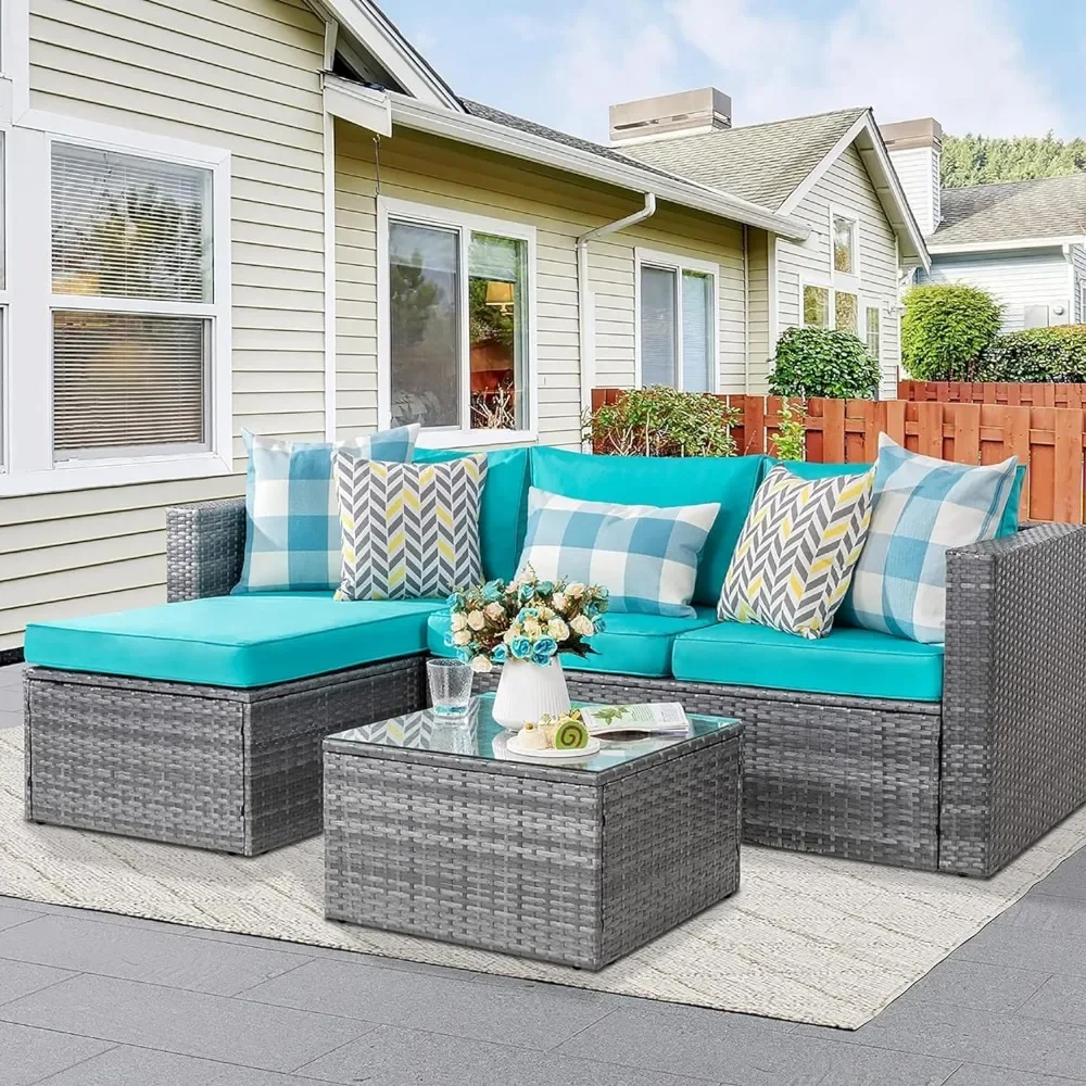 Patio Furniture Sets 3 Pieces Outdoor Sectional Sofa Silver All-Weather Rattan Wicker Sofa Patio Conversation Couch &Glass Table