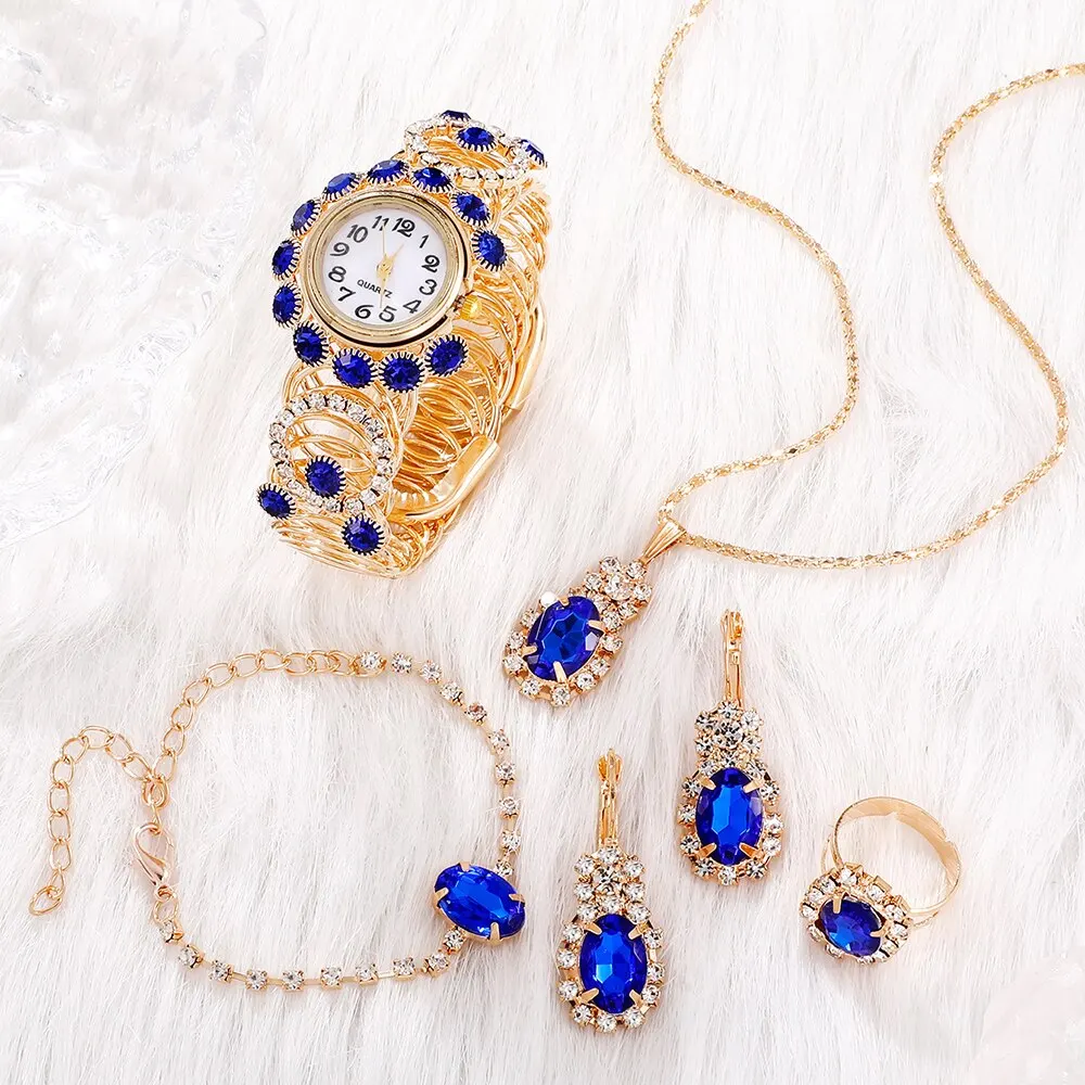 Conjunto de 6 piezas de lujo para mujer, reloj de pulsera de cuarzo, magnético, deportivo, azul