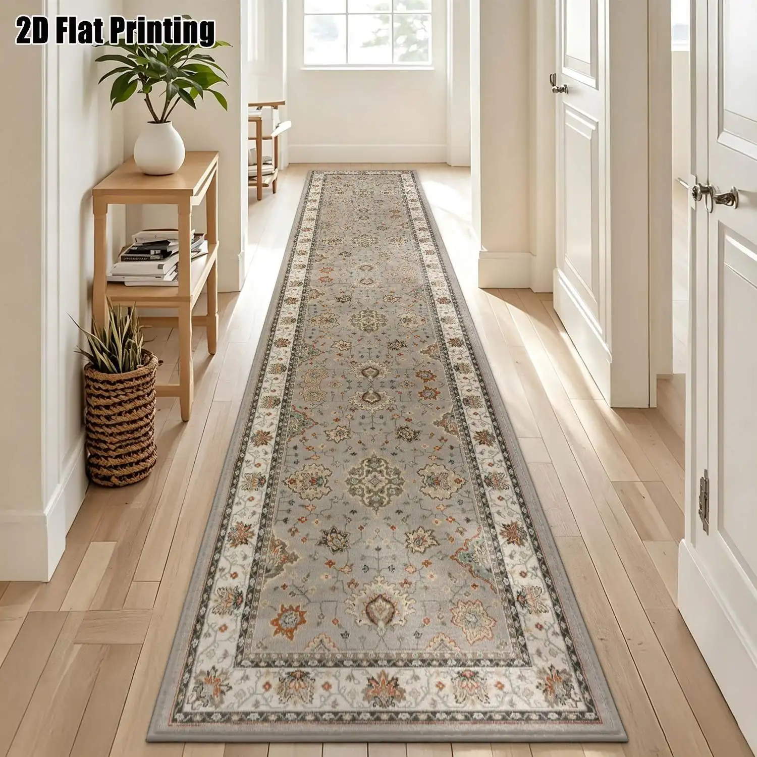 1Pc 2D Printed Light Blue Retro Floral Long Strip Runner Rug, European/Bohemian/Geometric Striped Style, Machine Washable, Multi-Size for Home Decor, Entrance, Corridor, Living Room, Bedroom