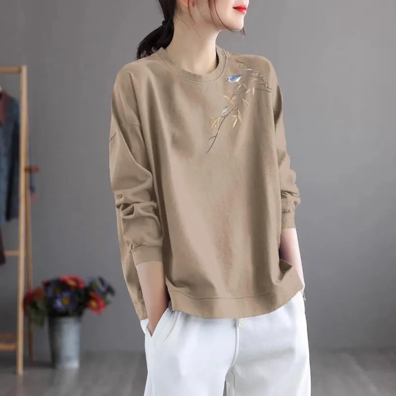 Women Round Neck Cotton Long Sleeve Top Vintage Bird Bamboo Print Loose Plus Size Casual Basic Blouse