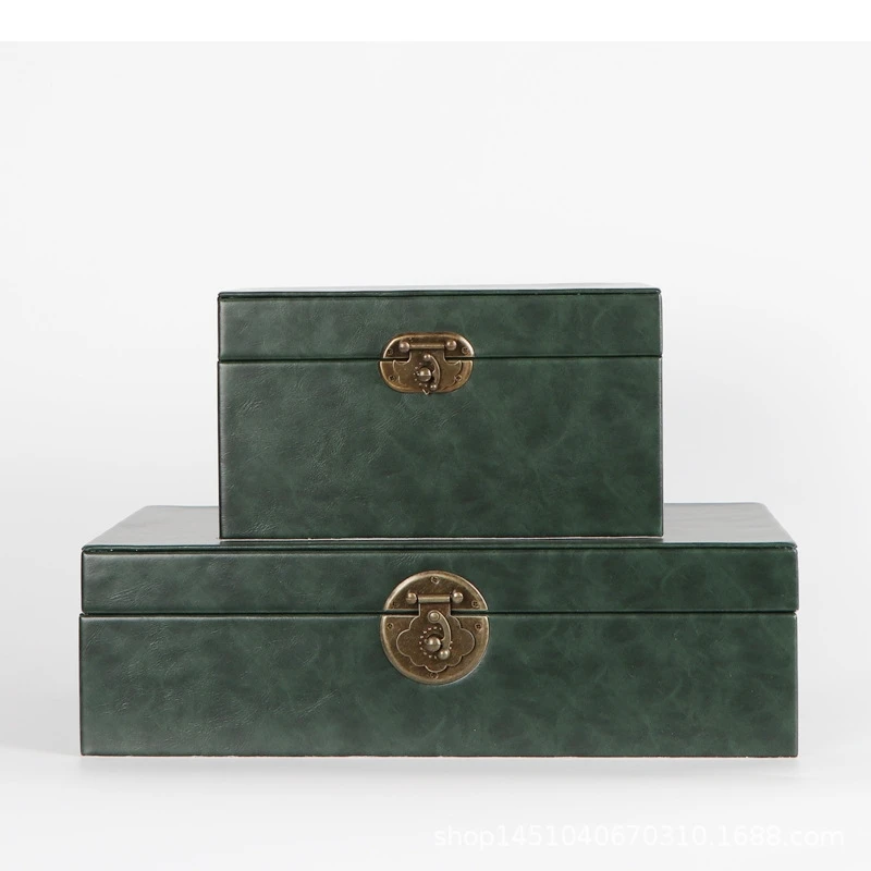 Chinese-style Retro Wooden Storage Box Rectangular Green Leather Jewelry Box Golden Lock Desktop Container Home Decoration