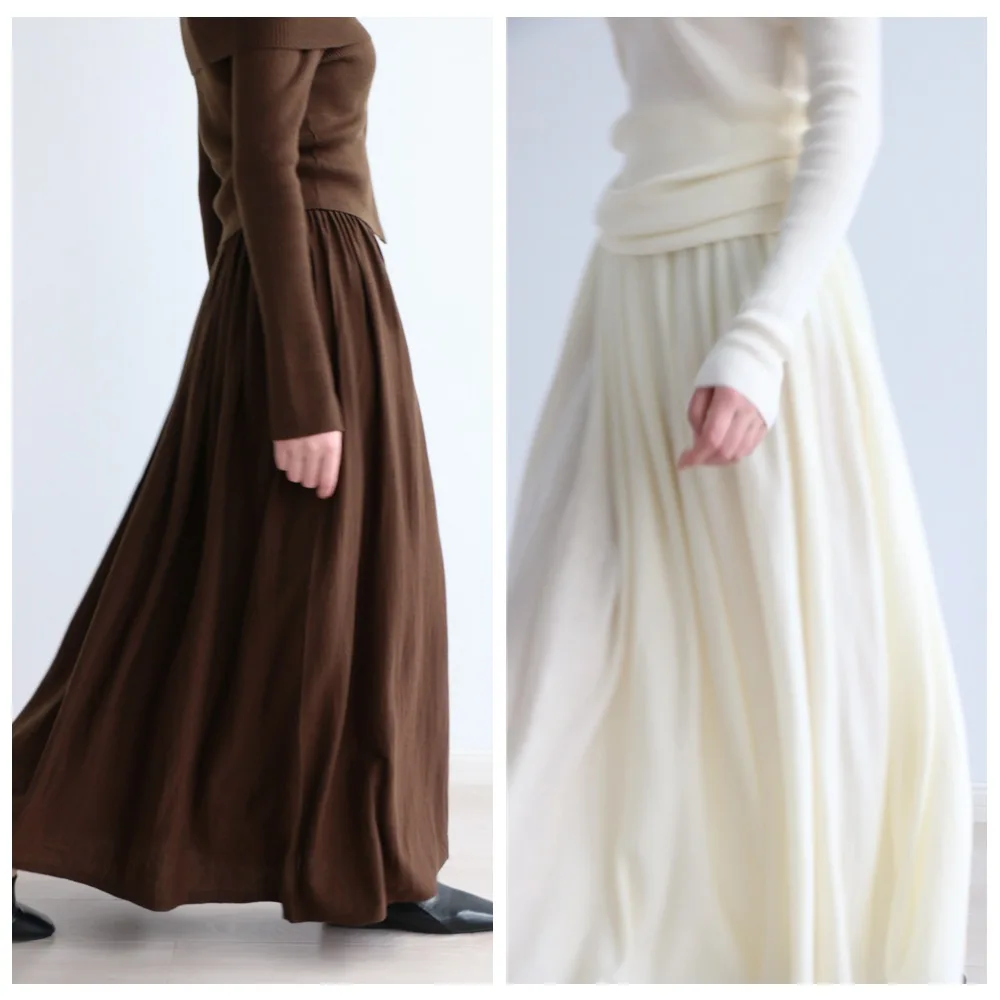 New Elegant Style Solid Color Beige Pleat Skirt High Waist Ankle Length Knitting Long Skirt Simple Female Clothing 2024 New