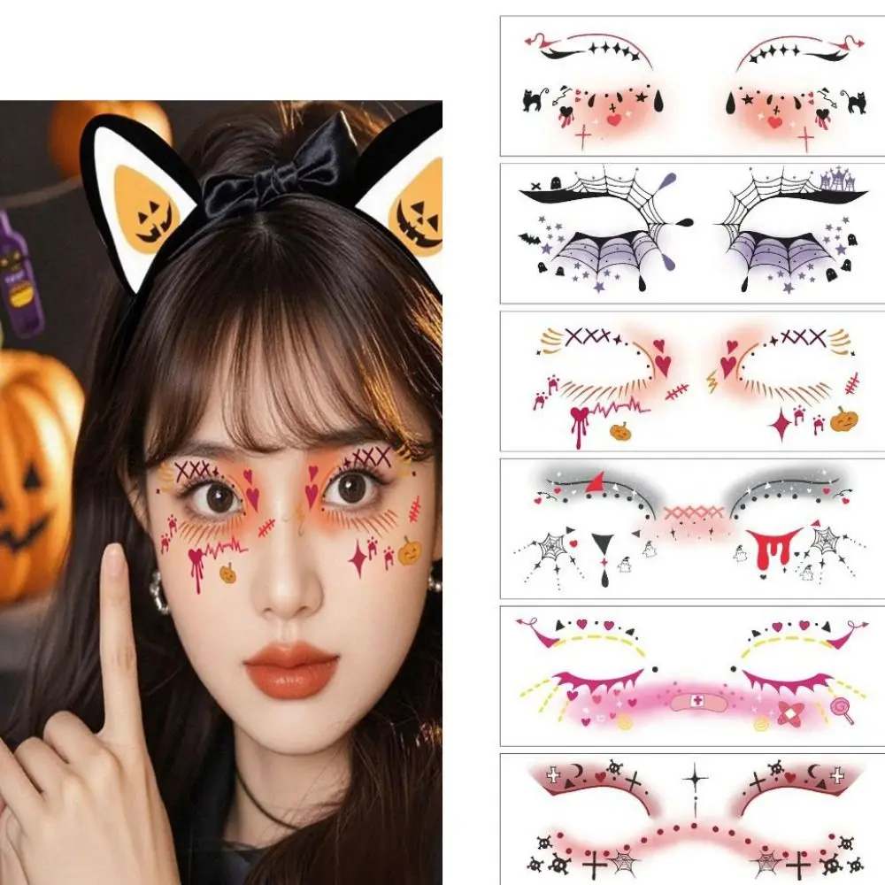 12pcs Disposable Halloween Face Tattoo Portable Long-acting Cheek Temporary Stickers Terrifying Transparent Bat Face Stickers