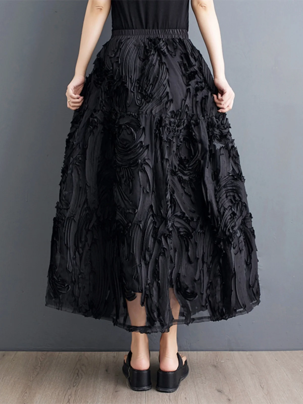 Black A-Line  Skirt Women's Heavy Embroidery Summer New Style Versatile Fashionable High Waist Long Skirt Pure Color