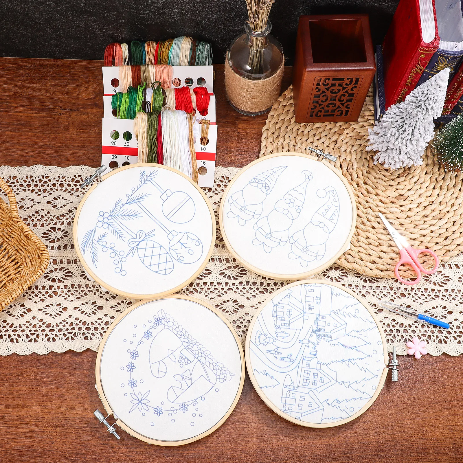 

Christmas Embroidery Kit Decor Beginners Tool Christmases Cotton Linen Cute Accessories