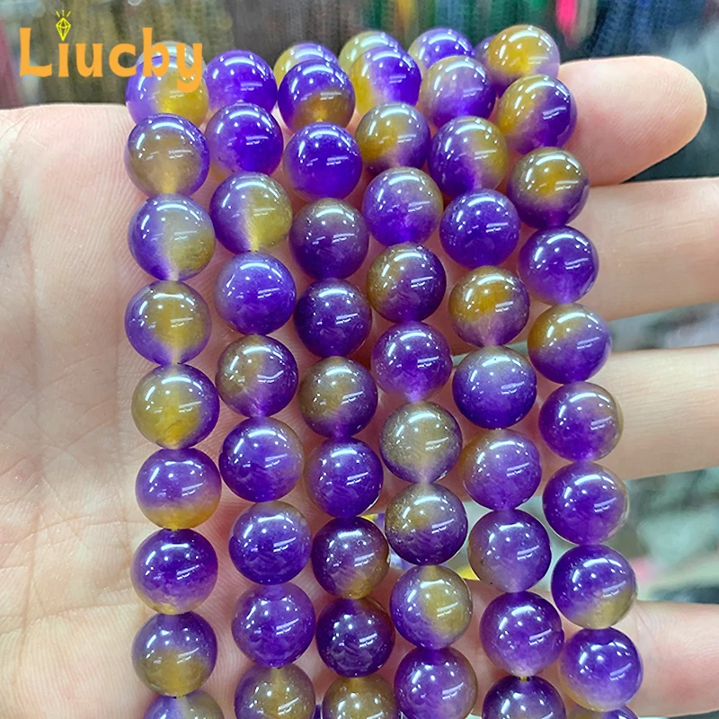 Natural Stone Purple Yellow Chalcedony Smooth Handmade Beads DIY Elastic Necklace For Jewelry Making 15