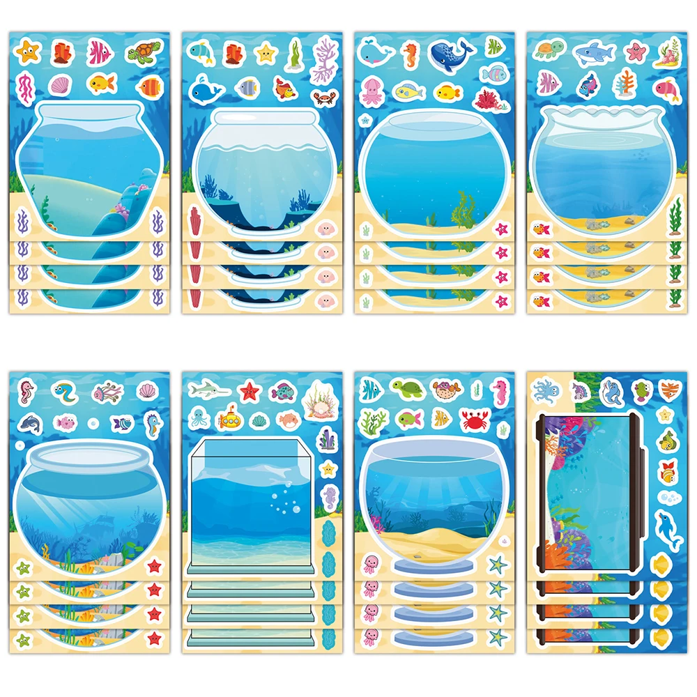 

8/16sheets Cartoon Lucky Fish Tank Puzzle Sticker Handmade Make a Face Children DIY Assemble Jigsaw Decals Kids Party Decoration
