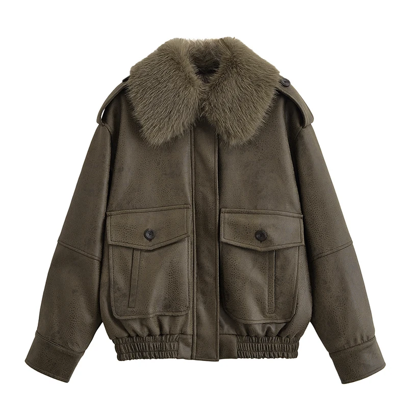 

YENKYE Removable Faux Fur Collar Autumn Winter Warm Jacket For Women Long Sleeve With Pockets Loose Outerwear Female Streetwear