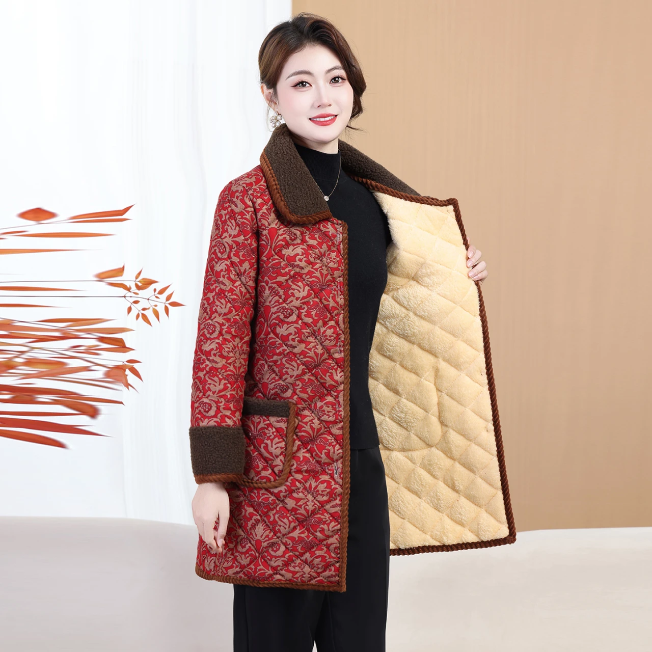 Casaco de inverno para idosos de meia-idade, acolchoado de algodão feminino, jaqueta acolchoada de algodão quente, forro de lã, roupas femininas