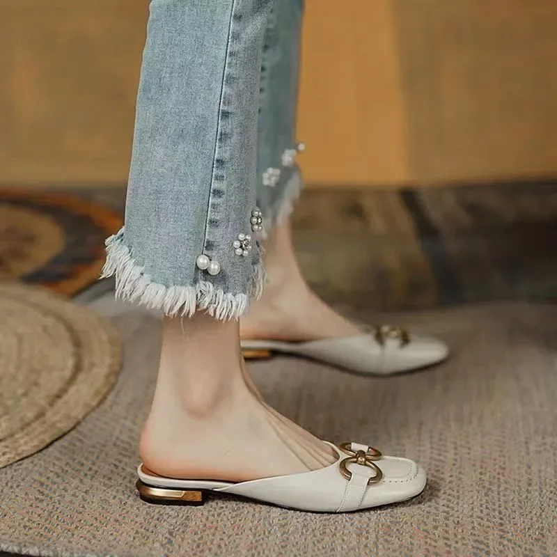 French Style Retro Baotou Slippers Women Wear Flat Heel Semi-slippers In Summer 2023 New Square-headed Muller Shoes Women