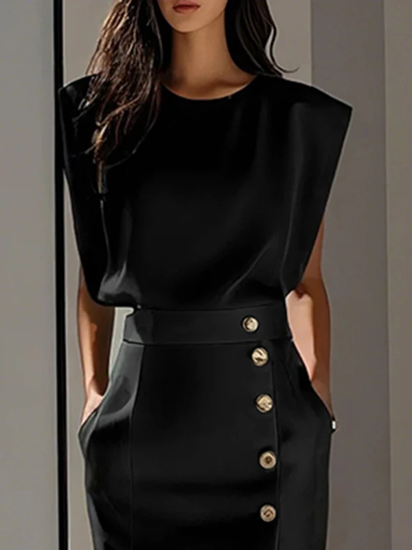 تي شيرت نسائي من Krisstarsgirls تي شيرت فضفاض حضري 2025 صيفي بلون سادة بدون أكمام ورقبة مستديرة ملابس علوية بسيطة للسيدات في المكتب #3