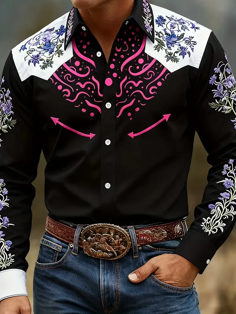 Retro Men's Floral Western Style Long Sleeved Shirt with 3D Ethnic Print Design, Retro Button Neck Casual Top