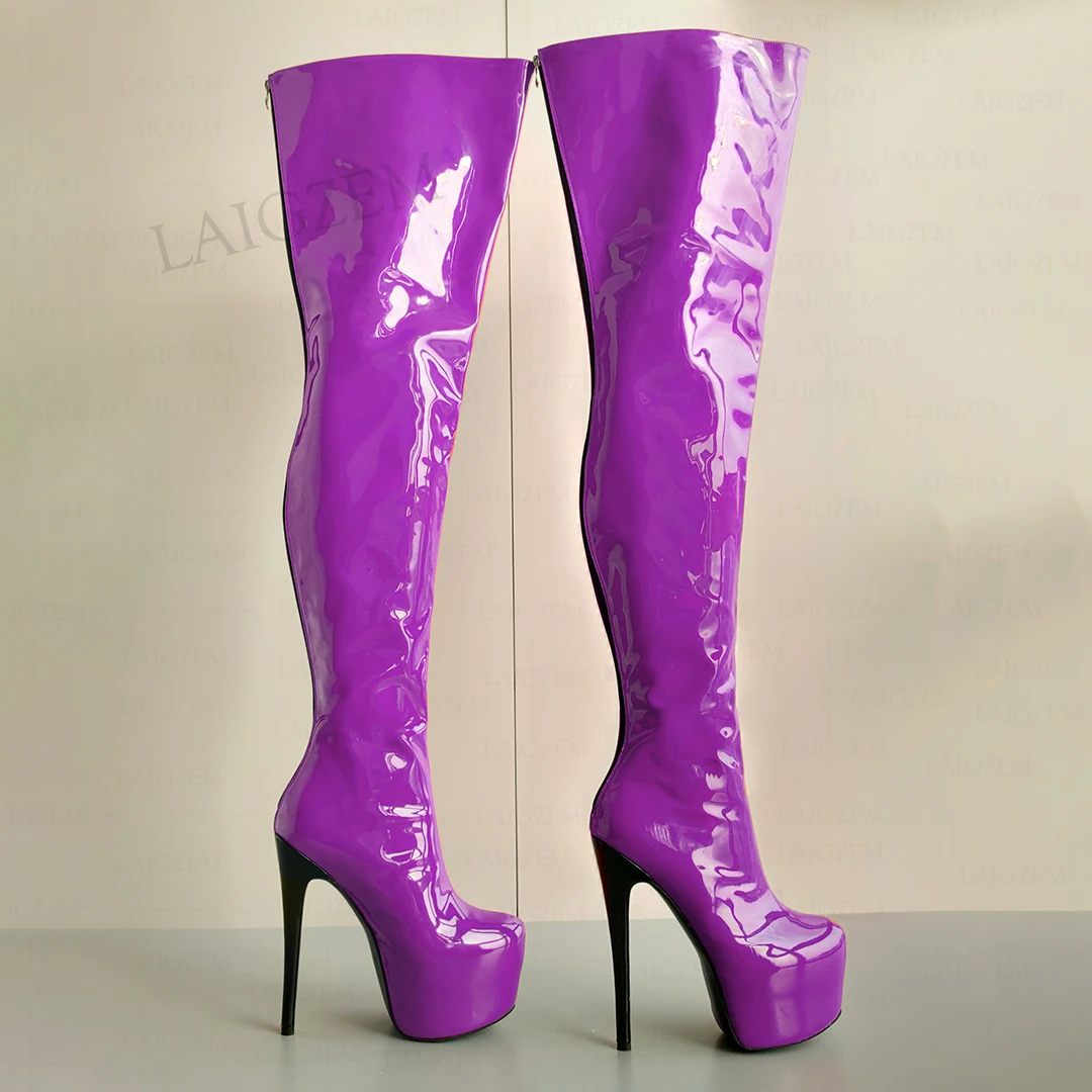 BERZIMER Women Thigh High Boots Platform Shiny Back Zip Up High Heels Over Knee Boots Ladies Shoes Woman Big Size 41 43 46 50 52
