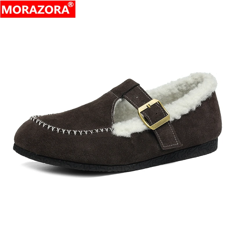 

MORAZORA 2026 New Cow Suede Leather Women Loafers Buckle Thick Fur Warm Winter Shoes Handmade Ladies Casual Shoes Footwear