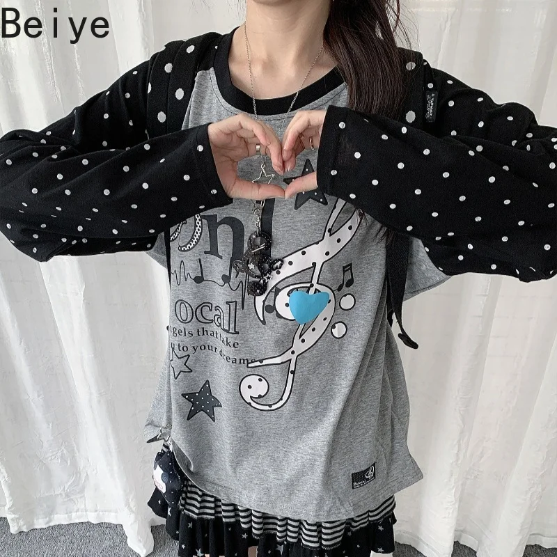Women Y2K Long Sleeve T-shirt Music Note Star Print Contrast Polka Dot Sleeve T Shirts Lady Loose Harajuku Streetwear Tees