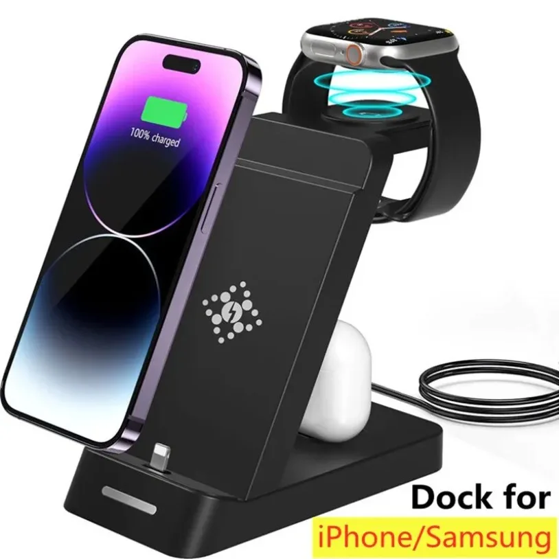حامل شاحن لاسلكي 3 في 1 لهاتف iPhone 16-12 X Samsung S24 S23 S22 قاعدة شحن سريعة لهاتف Galaxy/Apple Watch AirPods