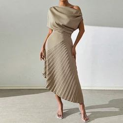 2024 Sexy Irregular Slim Club Party Dress Spring Summer Satin Solid Color Women's Dress Casual Short Sleeved Pleated Long Dress