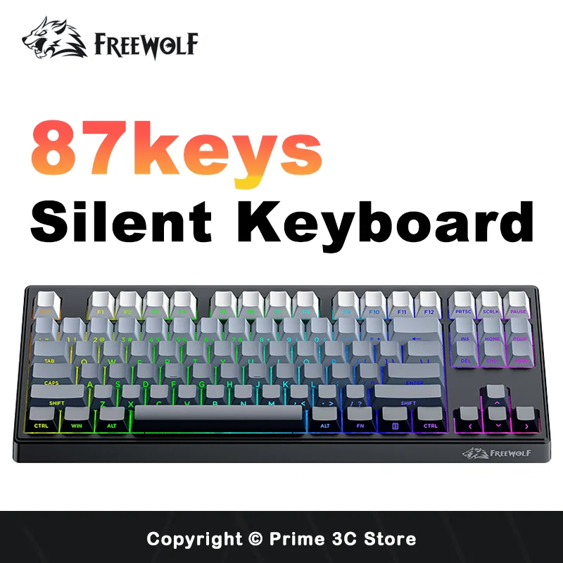 FREEWOLF M87v2 Wireless Keyboard Gaming Tri-Mode Bluetooth Wired PBT 87 Keys Silent Typing RGB 4000mAh TKL Ultra-low latency