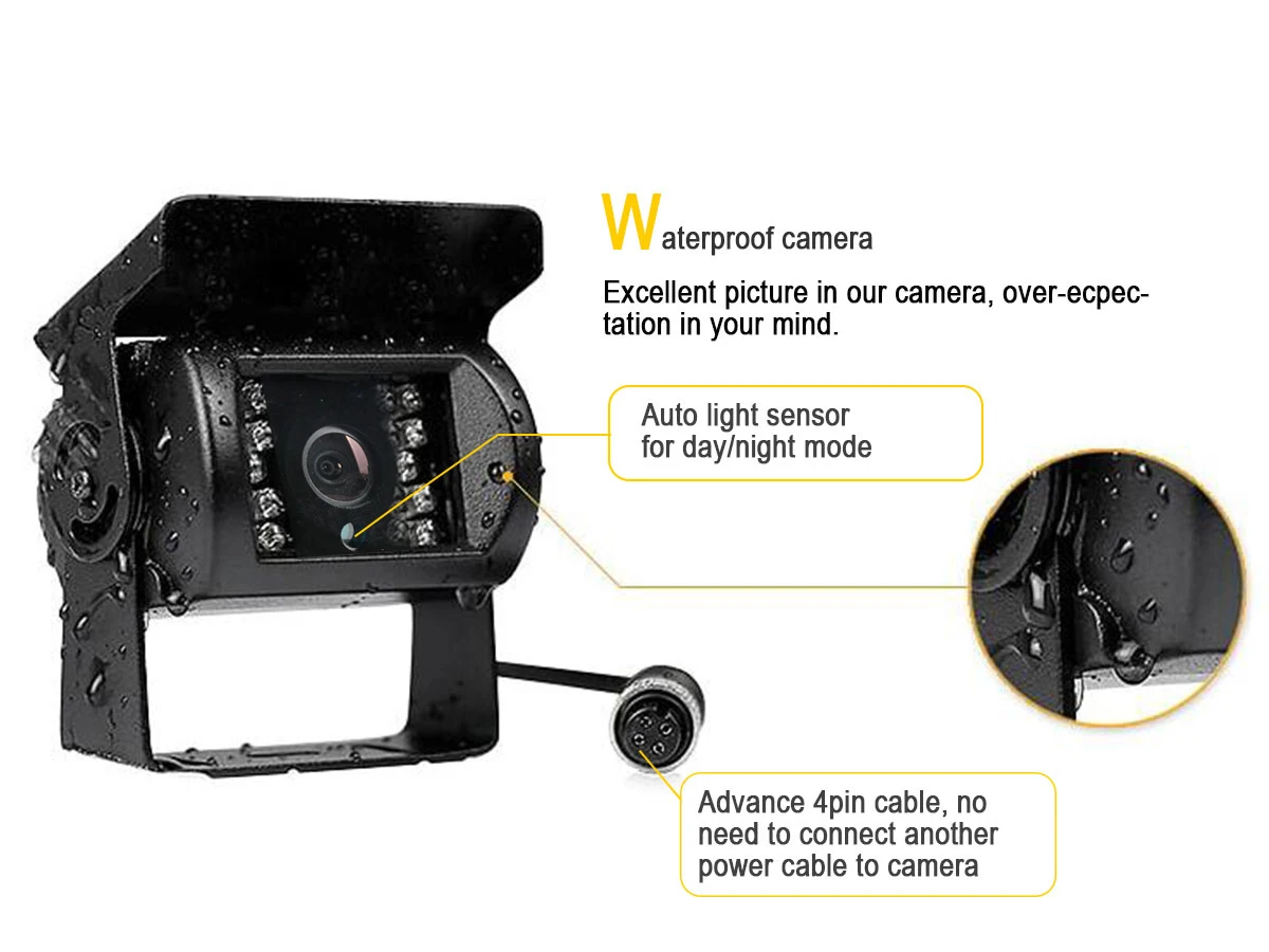 Waterproof 12-32V Volt Backup Reverse Cargo School Bus Heavy Duty Vehicle reach truck camera system with cable