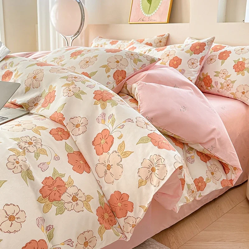3pcs Floral 100% Cotton Duvet Cover Set Soft Comfortable Queen Bedding Set Skin Friendly Pure Cotton Comforter Cover Pillowcases