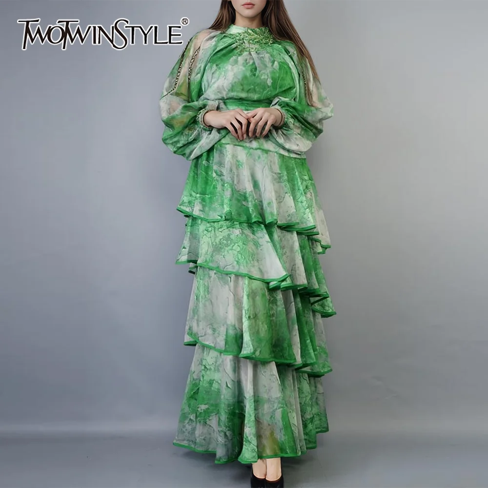 TWOTWINSTYLE cravate colorant pure épissé perle robes élégantes pour les femmes col rond manches longues tunique Patchwork volants plis robe femme