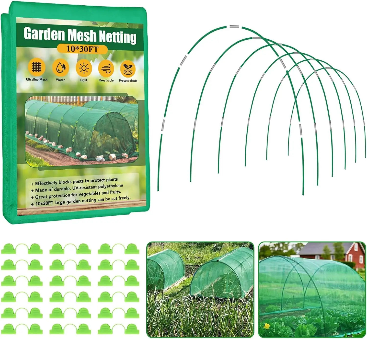 

Комплект зеленой садовой сетки 10x30 футов с 6 каркасами, защита от вредителей для приподнятых грядок, овощей и фруктов